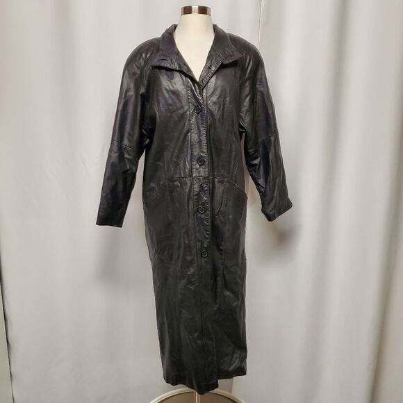 Vintage 90s y2k Wilsons Pelle Black Leather Goth Vampire Trench Over Coat Md - Picture 13 of 13